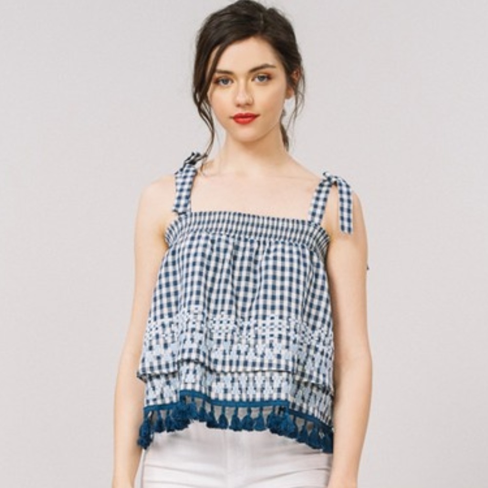 Embroidered Listicle gingham layered tie strap top